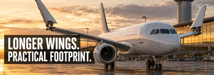 Modern passenger aircraft with folded outer wing sections on an airport apron at sunset, illustrating how longer wings could improve efficiency while remaining compatible with existing airports.