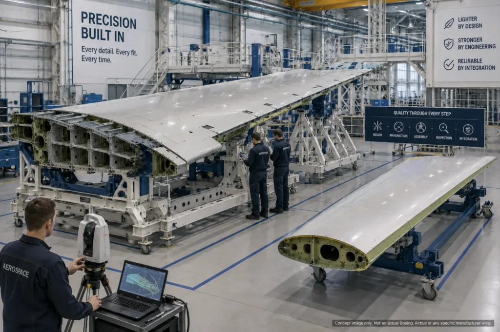 Engineers inspecting a large aircraft wing structure during precision assembly and quality control in a modern aerospace manufacturing facility.