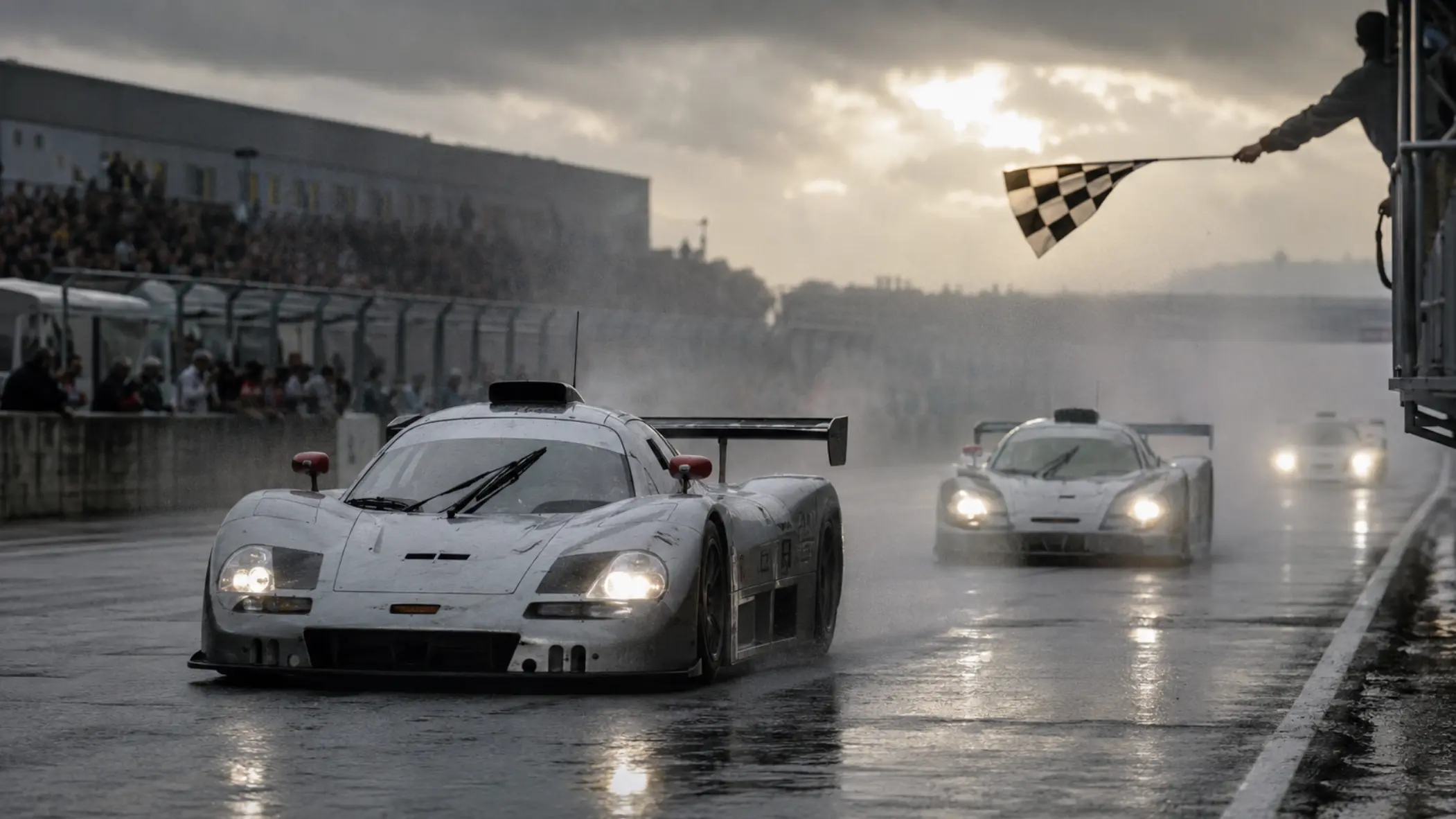 Endurance racing cars crossing the finish line in heavy rain, representing McLaren’s 1995 Le Mans victory.