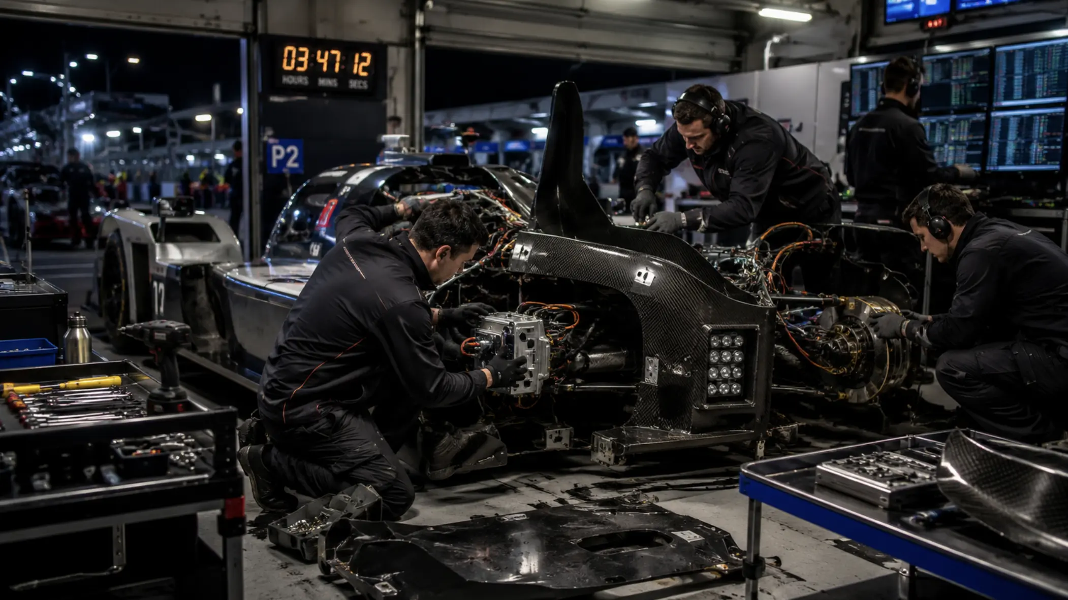 Motorsport technicians repairing a carbon fibre endurance race car inside a brightly lit pit garage at night