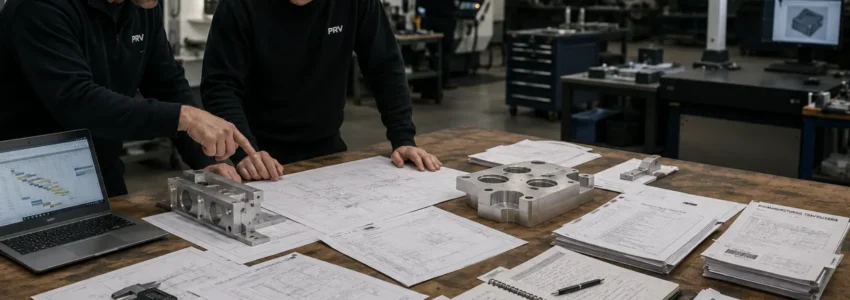 Engineers reviewing a component design while precision machining begins, illustrating how early manufacturing decisions influence cost, quality and production efficiency.