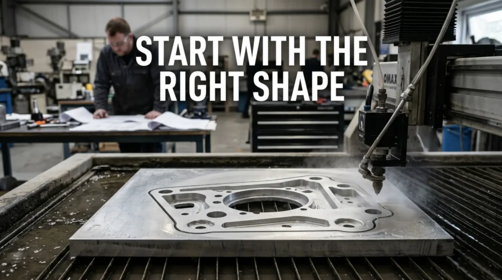 Hydro-abrasive waterjet cutting machine producing a precision near-net-shape aluminium component ready for CNC machining.