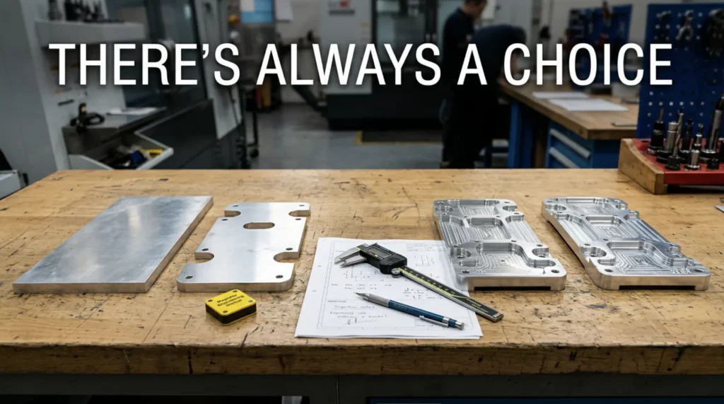 Four stages of a precision-engineered aluminium component, from raw material and waterjet-cut blank to CNC-machined and finished part, displayed on an engineering workbench.