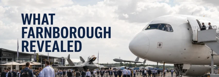 Busy aerospace trade show with commercial and military aircraft on display, delegates walking between exhibition halls and the headline “What Farnborough Revealed”.