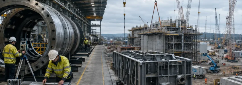 Engineers inspect large manufactured components before modular installation at an energy construction site.