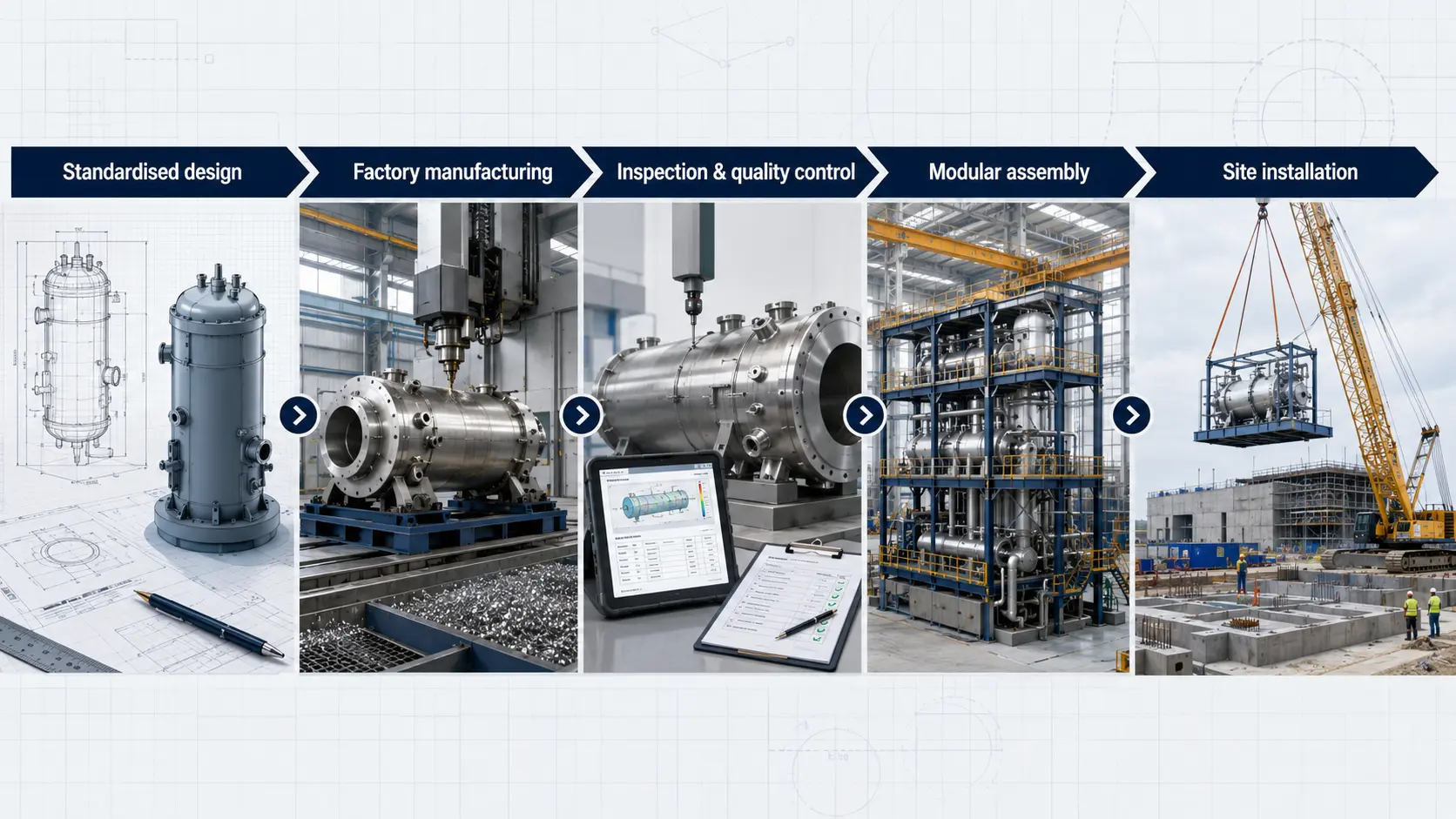 Five-stage modular manufacturing process from standardised design and factory production to inspection, assembly and site installation.