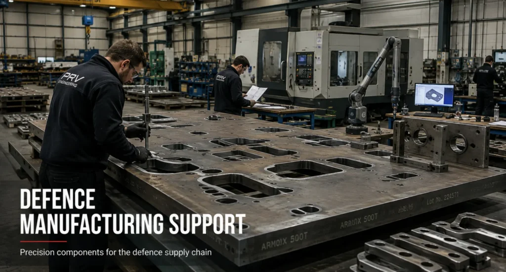 Engineers inspect precision-cut armour-grade steel components inside a modern UK manufacturing facility, illustrating PRV Engineering's defence manufacturing support, waterjet cutting capability and integrated in-house production for the defence supply chain