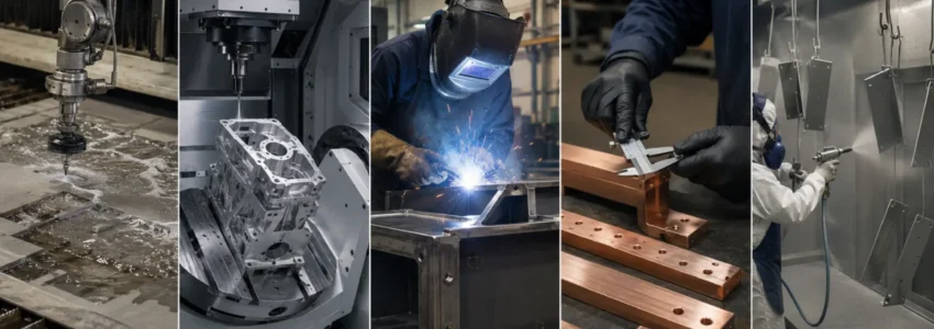Integrated engineering processes showing waterjet cutting, 5-axis machining, metal fabrication, busbar manufacture and finishing.