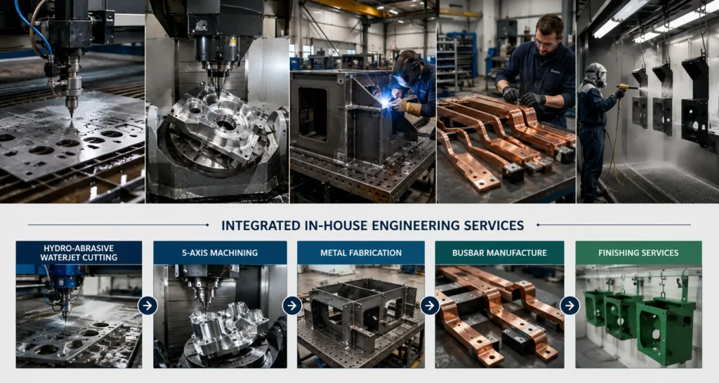 Infographic showing PRV Engineering’s five integrated services: waterjet cutting, 5-axis machining, metal fabrication, busbar manufacture and finishing.