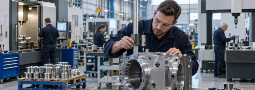 Engineer inspecting a precision-machined metal component in a modern UK manufacturing facility.