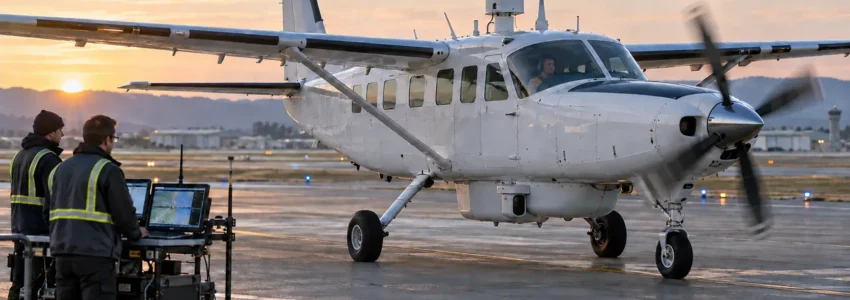 Autonomy-equipped utility aircraft taxis while engineers monitor the flight and a safety pilot remains onboard.