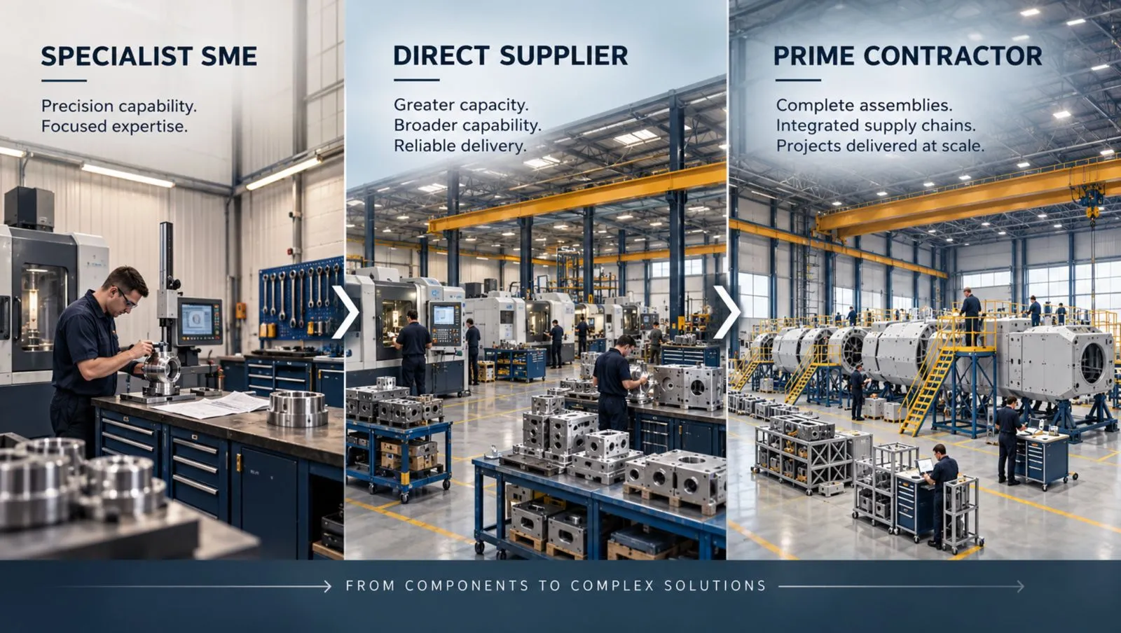 Defence manufacturing supply chain progressing from a specialist SME to a direct supplier and prime contractor.