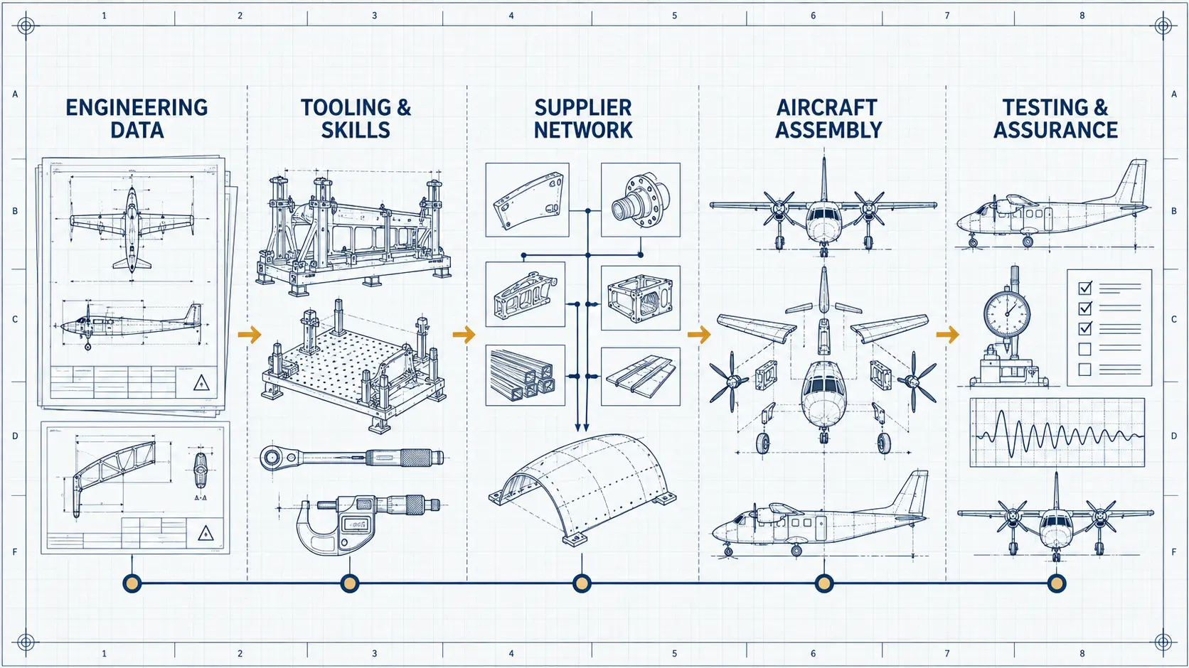 Technical schematic connecting engineering data, tooling, suppliers, aircraft assembly, testing and assurance.
