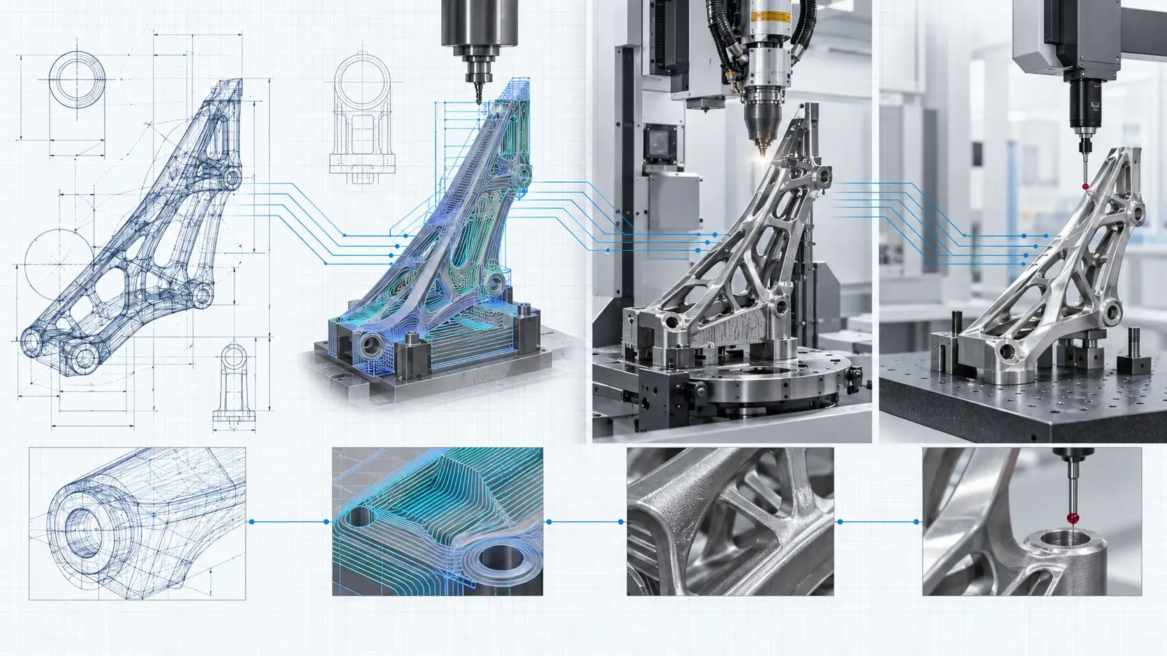 Aerospace component progressing from a digital engineering model through machining to dimensional inspection.