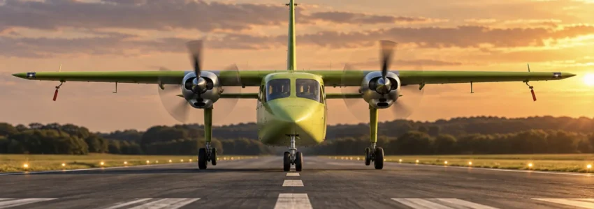 AI illustration showing the aircraft manufacturing supply chain, from raw materials and precision machining through fabrication and assembly to a completed twin-engine aircraft like the Islander.