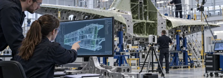 Aerospace engineers compare a digital aircraft structure model with manufactured components in an assembly facility.