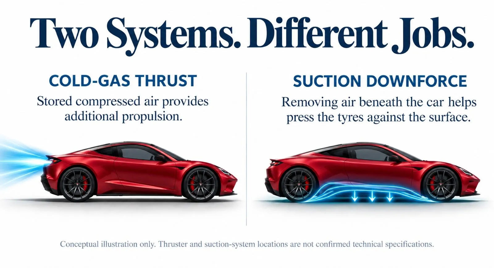 Comparison showing cold-gas thrust providing propulsion and suction downforce pressing tyres against the road.