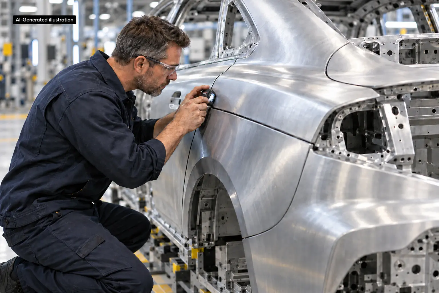 Engineer inspecting the panel alignment of an unfinished aluminium car body.