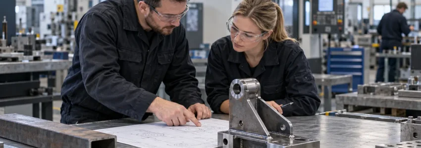 Engineers reviewing a technical drawing beside a fabricated and machined steel assembly.