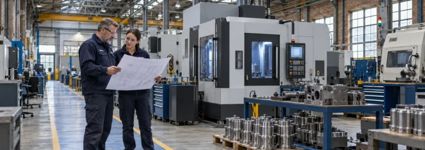Engineers reviewing a factory layout beside CNC machinery in an existing industrial building.